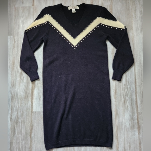 VTG Stone Canyon Sweater Dress Black Ivory Stripe Pearls Knit Midi Sz L - Picture 1 of 6